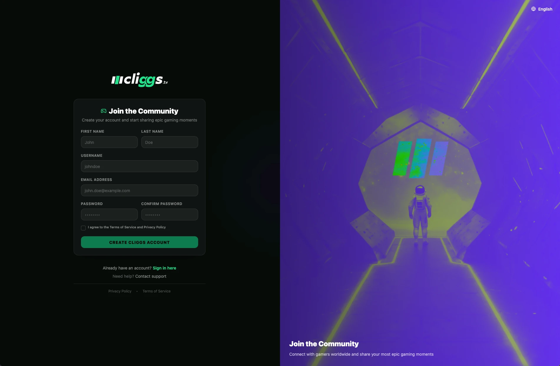 Cliggs sign-up screen