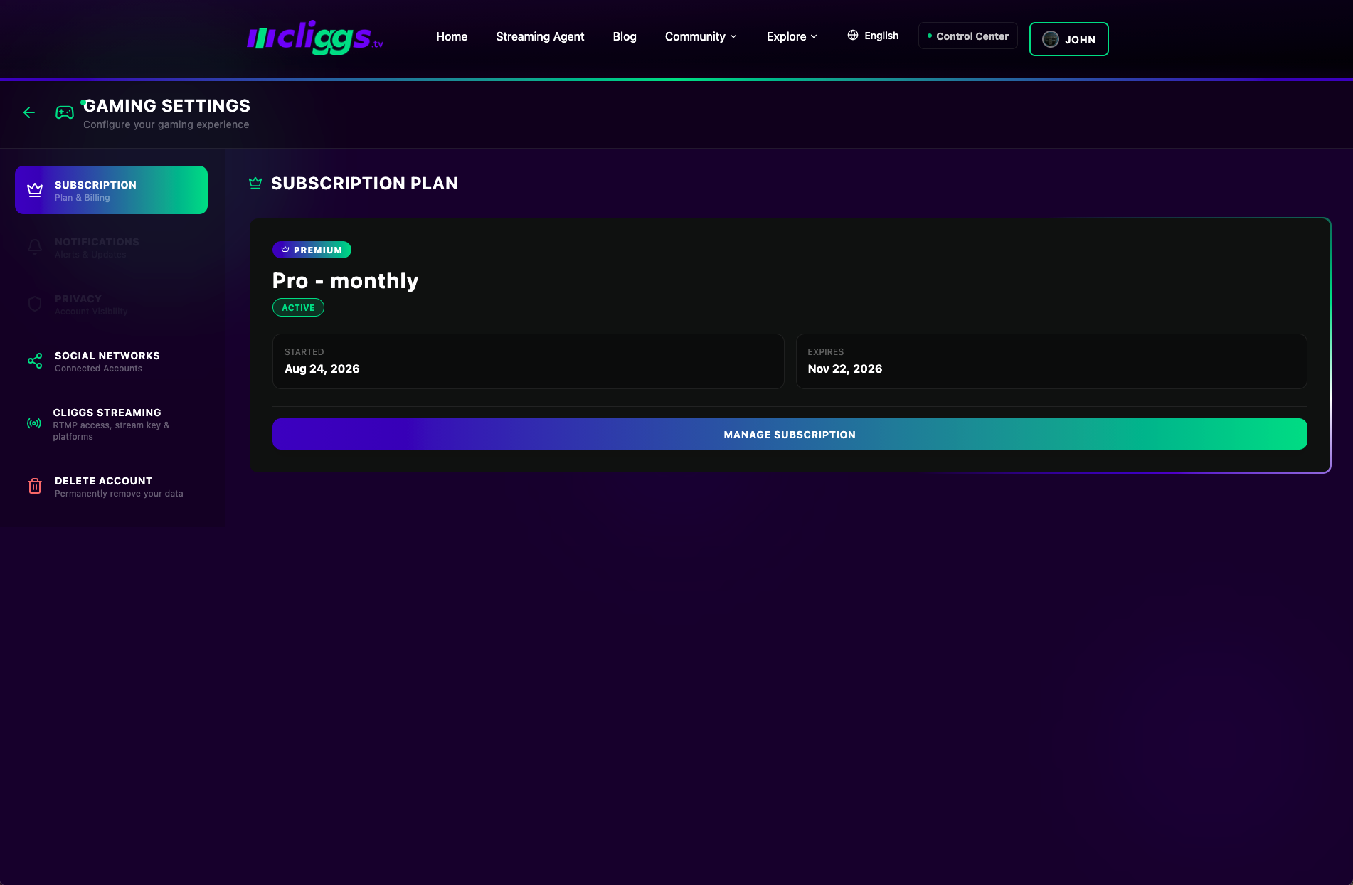 Gaming Settings: Subscription plan