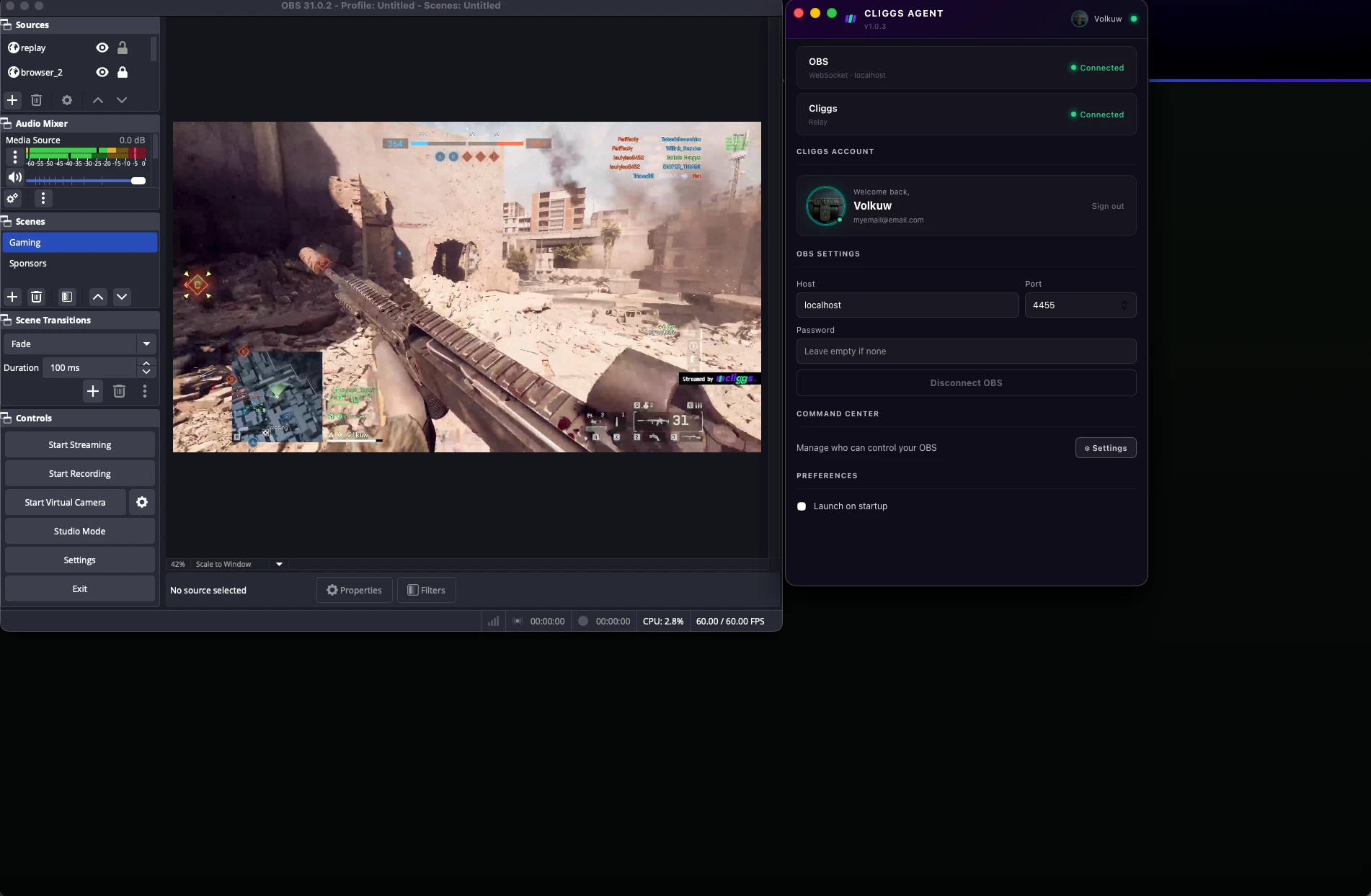 OBS and Cliggs Agent, both connected