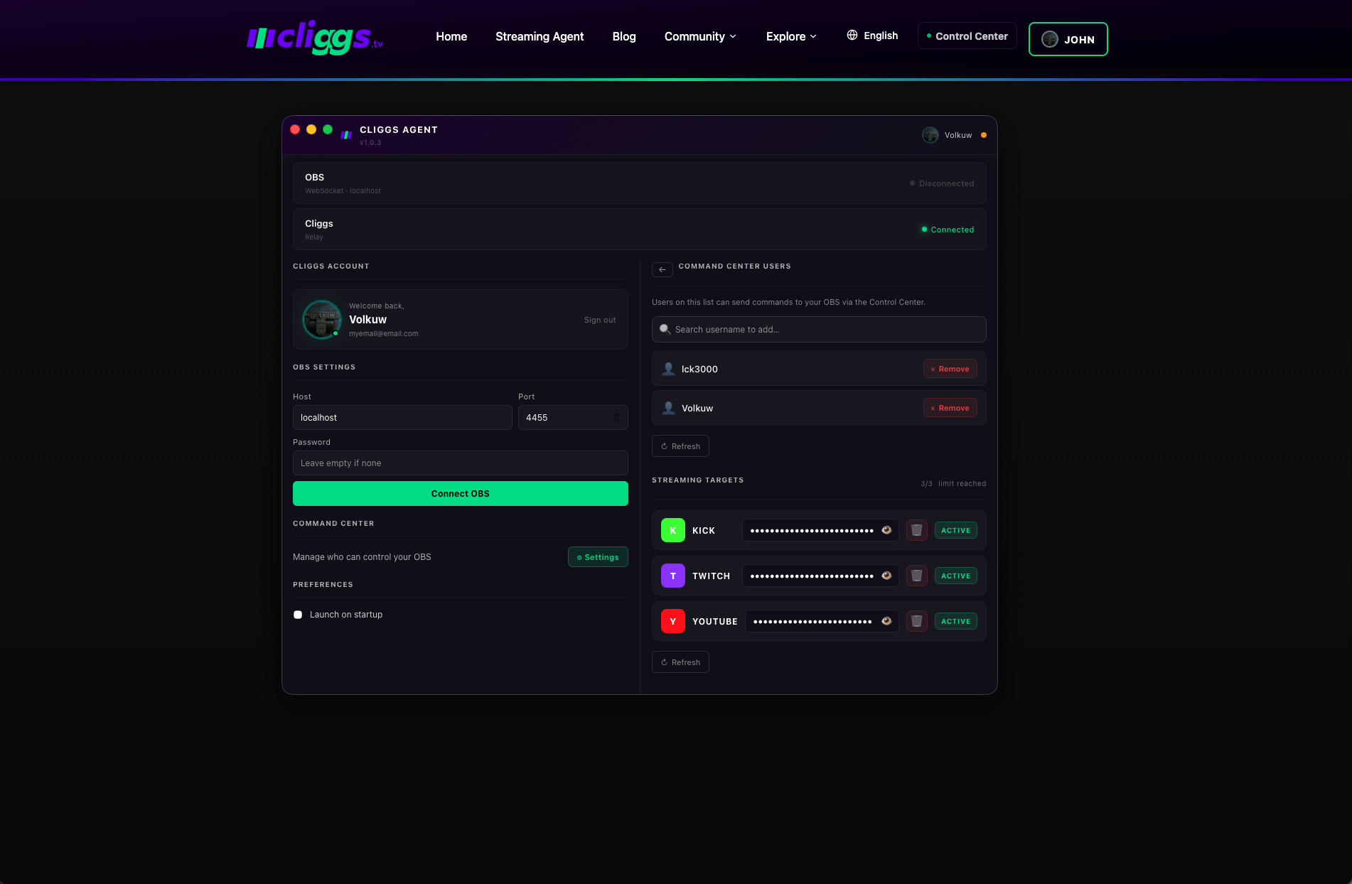 Command Center: whitelist and streaming targets