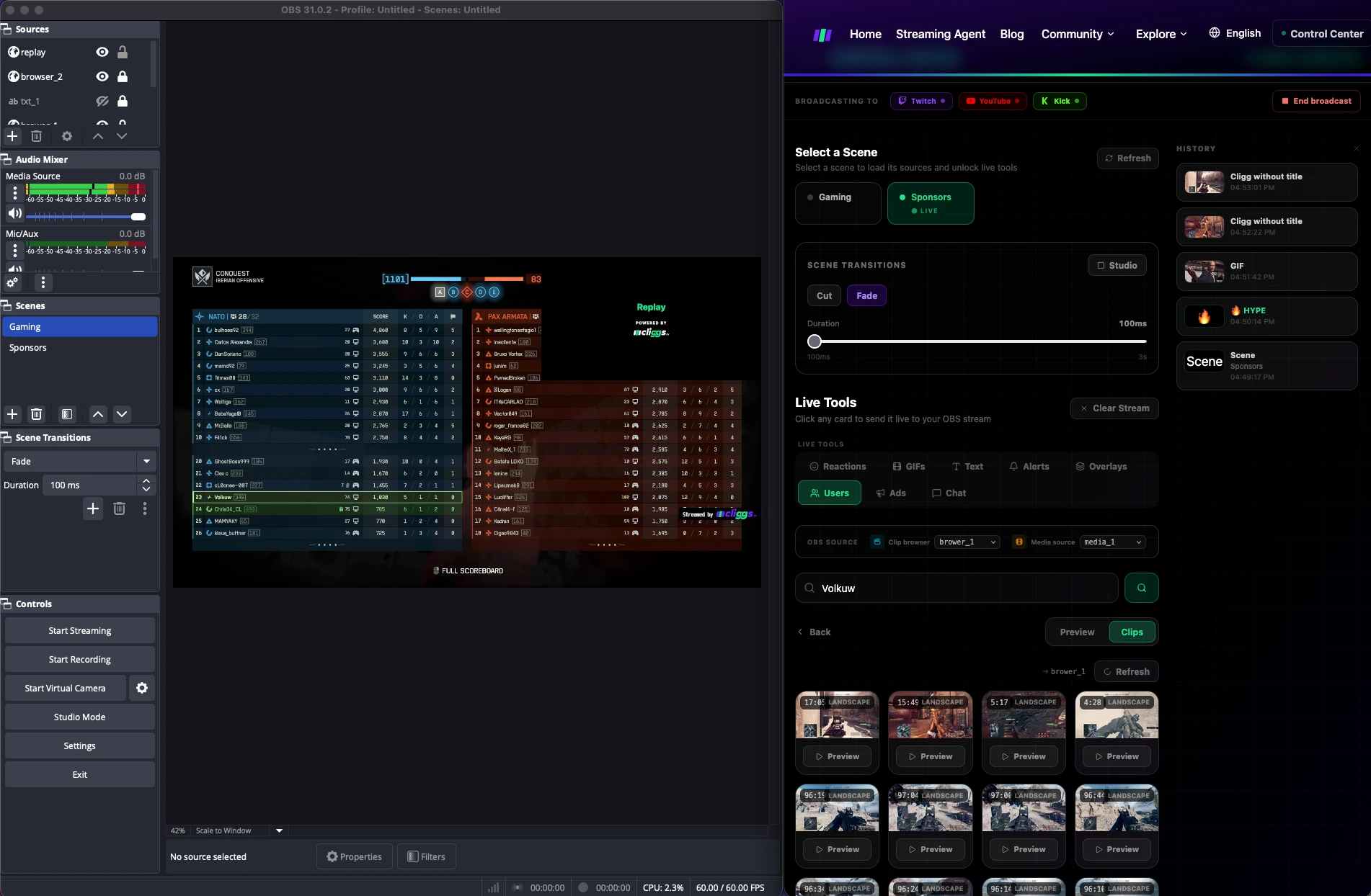 Users tab: browsing a creator's clips to send as a replay
