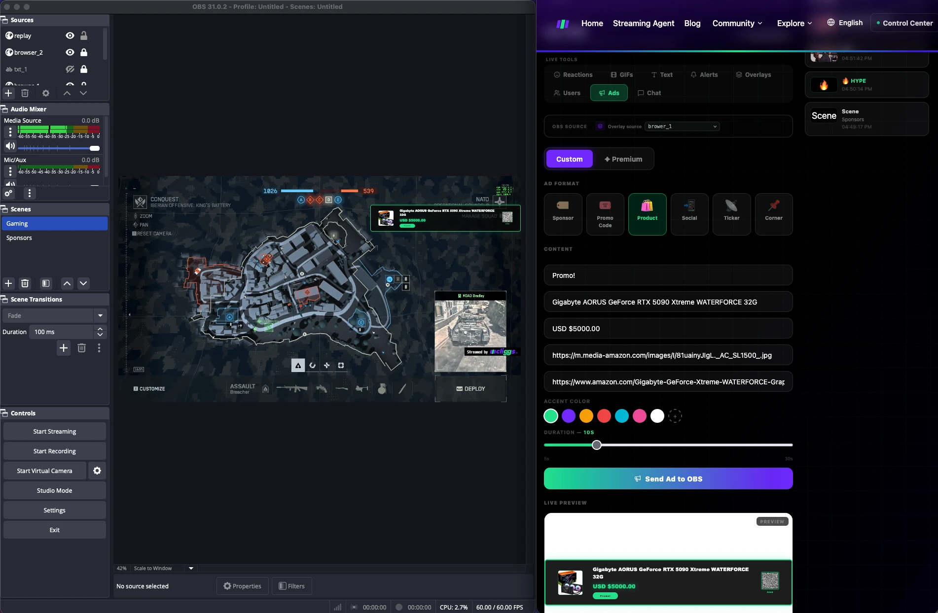 Ads tab: building a sponsored overlay for OBS