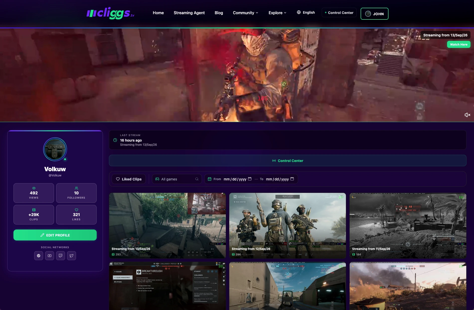 My Profile: stats, clips, and social links