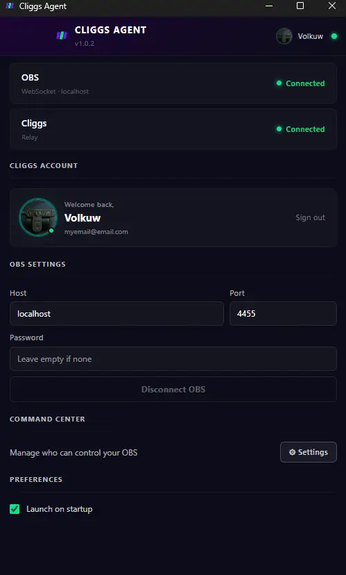 Cliggs Agent app: OBS and Cliggs connected, account info, OBS settings, and Command Center access