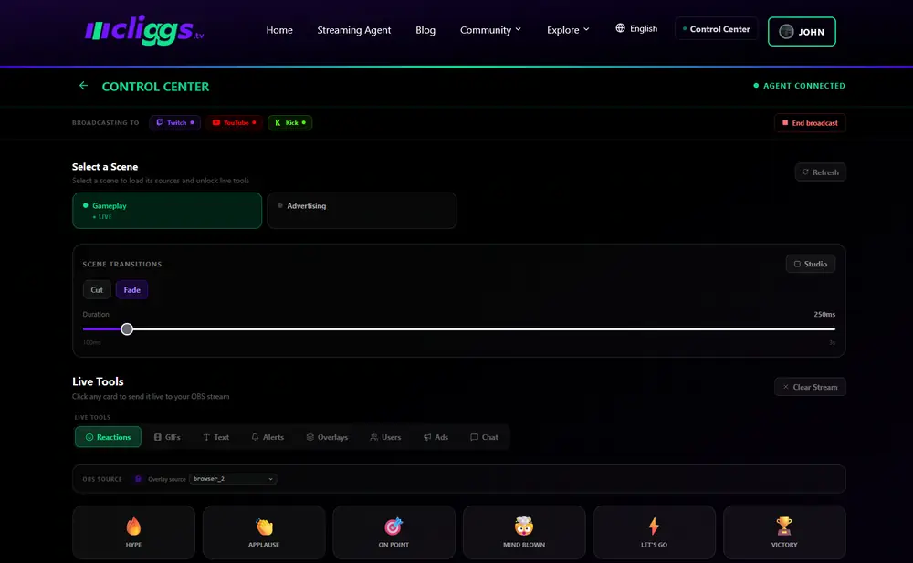 Control Center: scene selector, scene transitions, and the Live Tools panel with Reactions selected