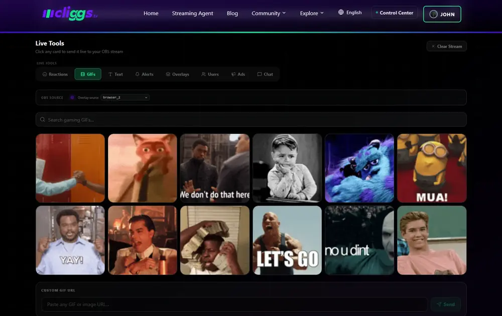 Live Tools: GIFs tab with a searchable grid and a custom GIF/image URL field