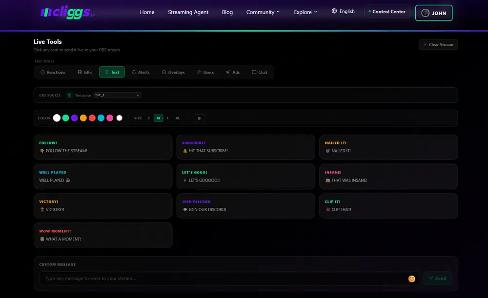 Live Tools: Text tab with predefined message cards and a custom message field