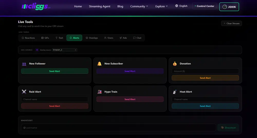 Live Tools: Alerts tab with New Follower, New Subscriber, Donation, Raid, Hype Train, Host Alert, and Shoutout