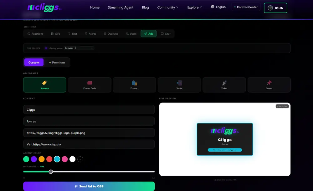 Live Tools: Ads tab, Sponsor format with a live preview of a Cliggs sponsor card