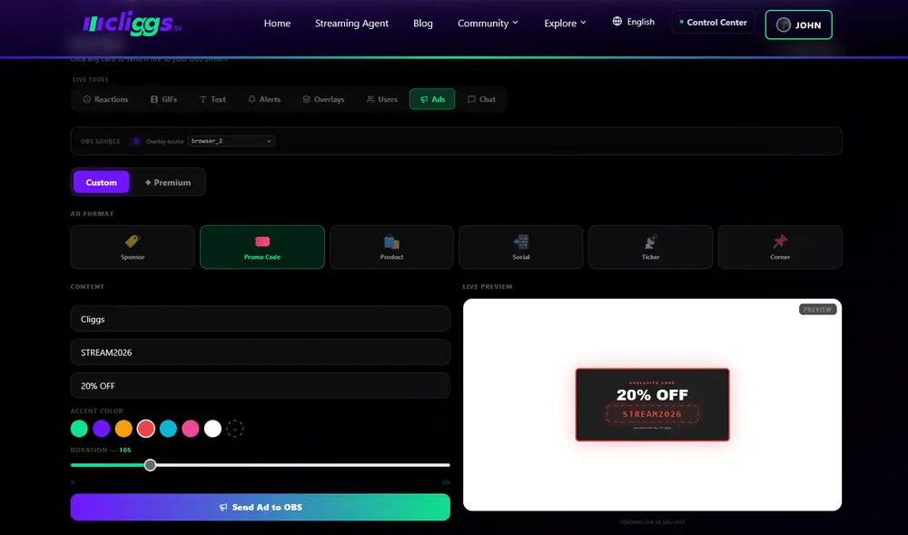 Live Tools: Ads tab, Promo Code format with a live preview showing "20% OFF" and a code