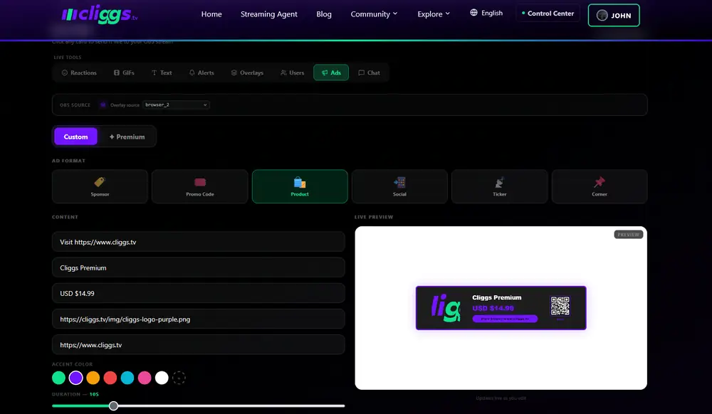 Live Tools: Ads tab, Product format with a live preview showing pricing and a QR code