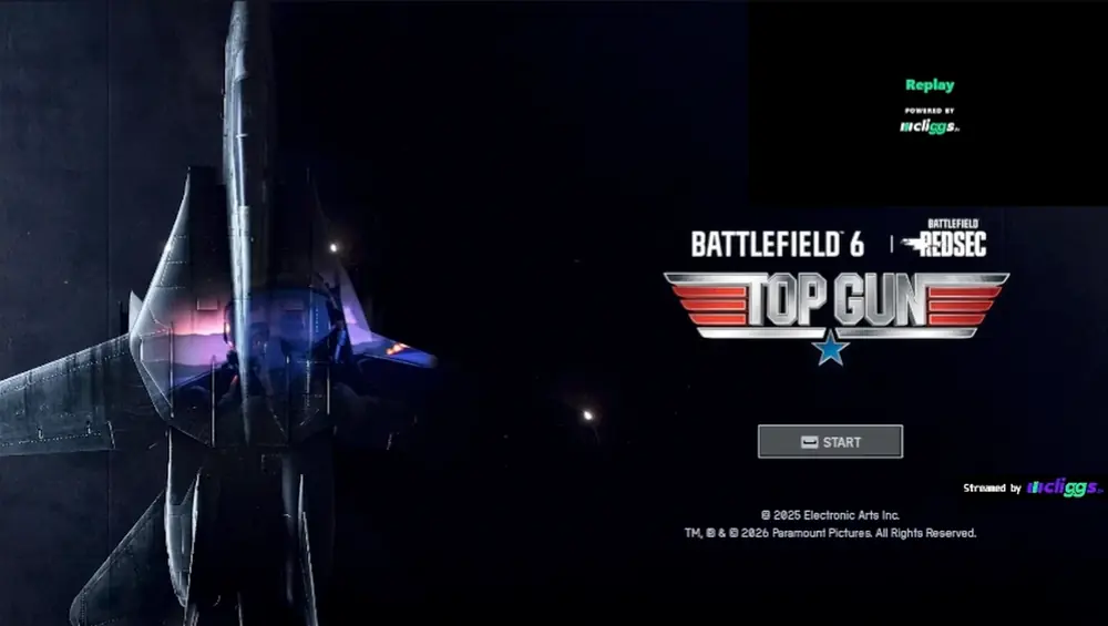 Replay graphic appearing in the corner overlay, powered by Cliggs, over a Battlefield 6 Top Gun menu