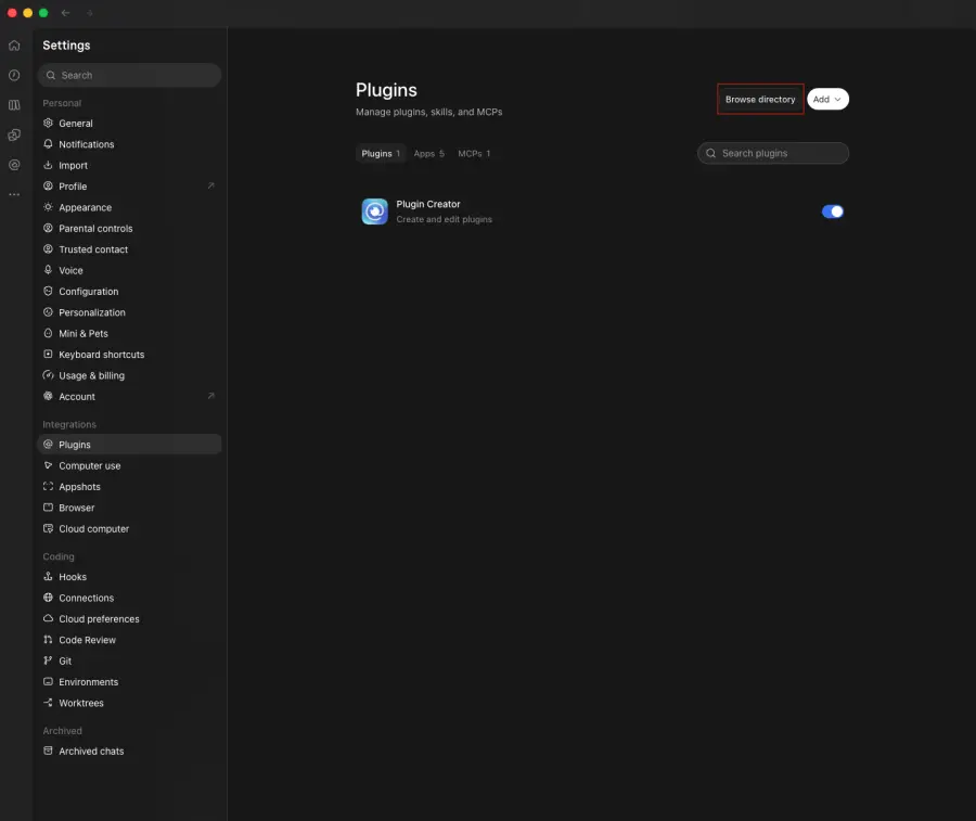 ChatGPT Settings, Plugins page with the Browse directory button highlighted