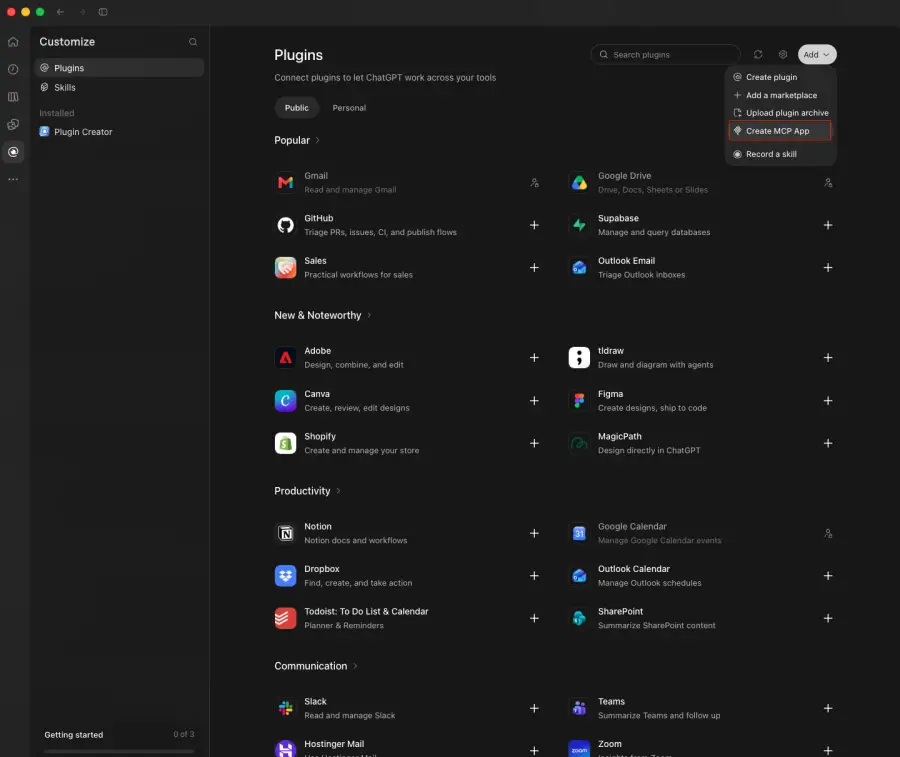 ChatGPT plugin directory with the Add menu open and Create MCP App highlighted