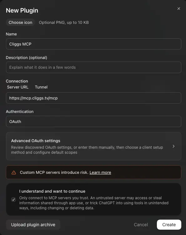 ChatGPT New Plugin form filled in with the Cliggs MCP name and address