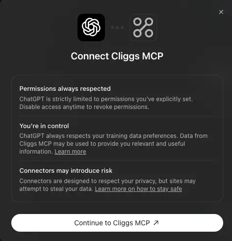 ChatGPT Connect Cliggs MCP confirmation