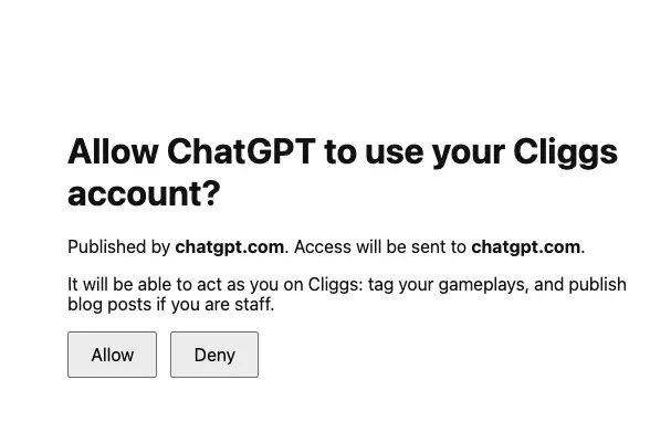 Cliggs asking whether to allow ChatGPT to use your account