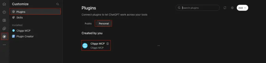 Cliggs MCP listed under Personal plugins in ChatGPT